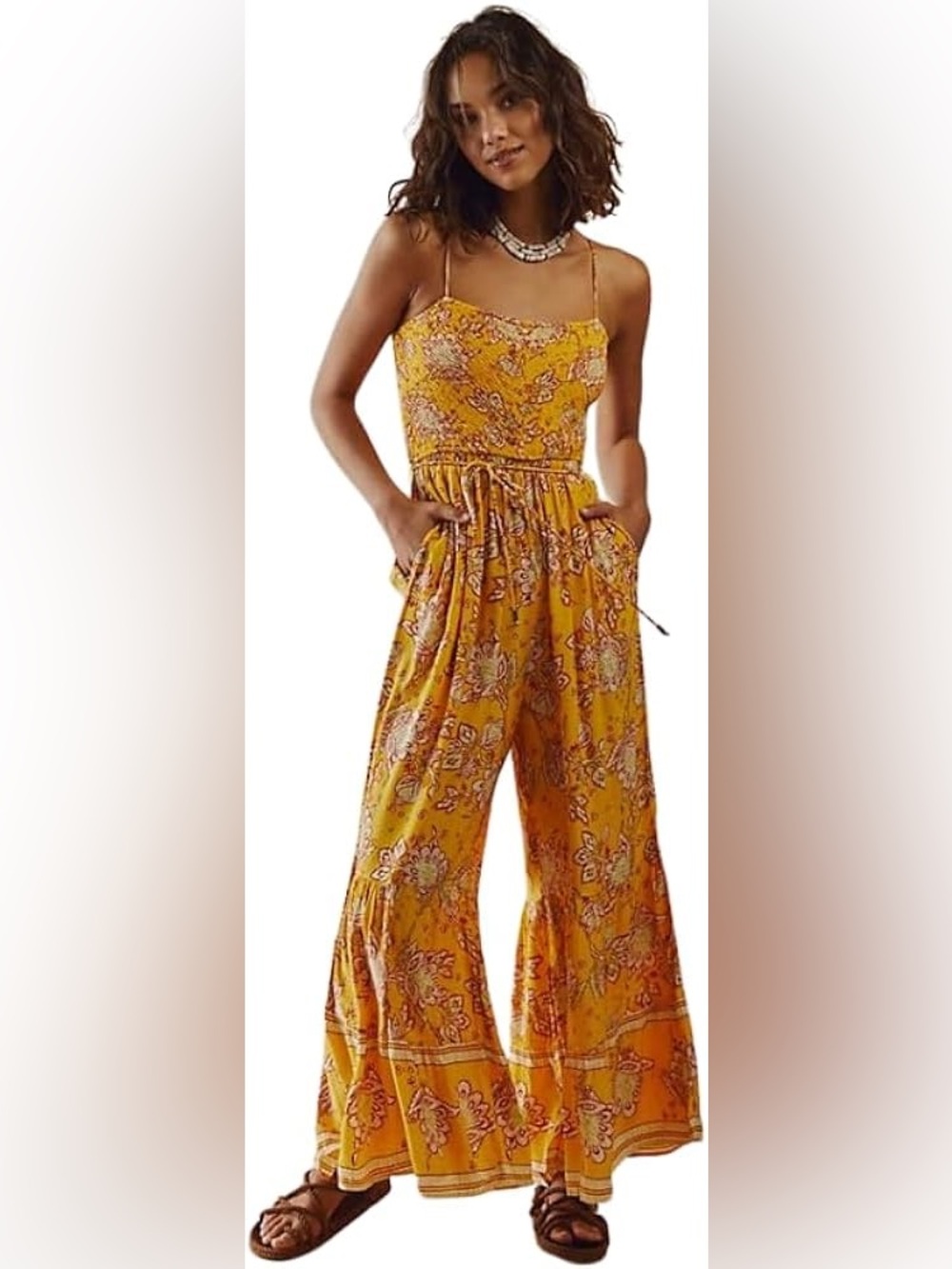 Free People Yellow Floral Smocked Maxi Jumpsuit , Size M